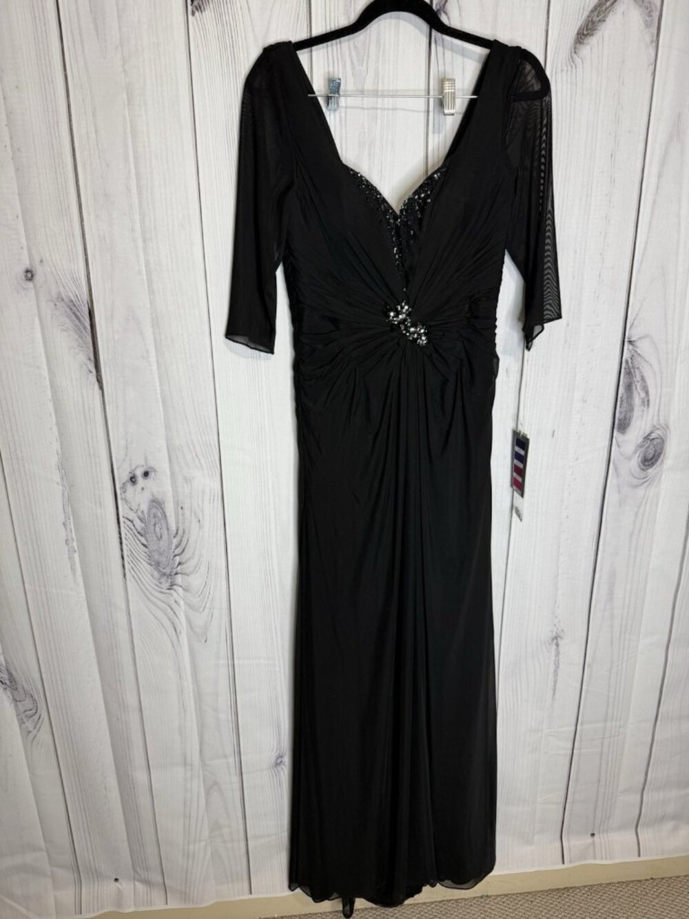Rina di Montella Black Beaded Rhinestone Mesh Sleeve Ruched Gown Sz 12 NWT
